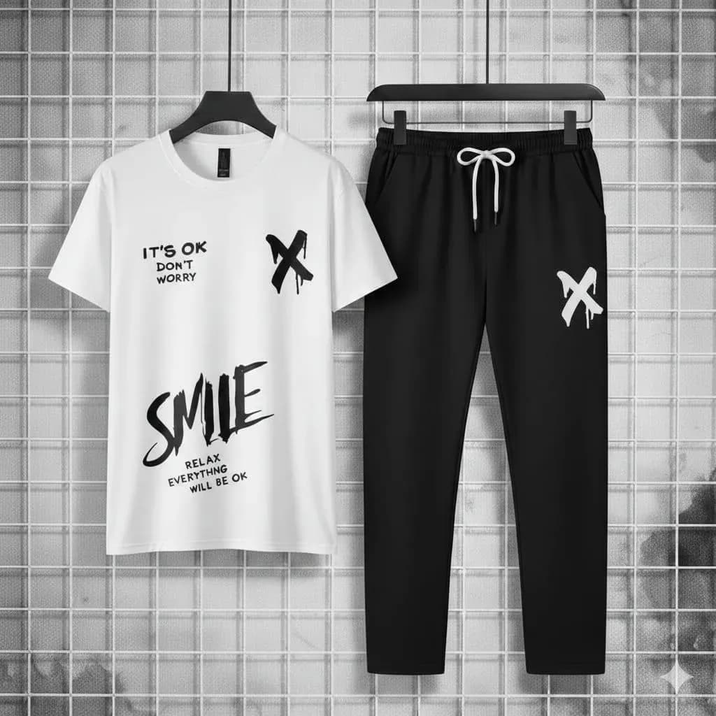 Men Graphic Cotton Track Suit White Black XL