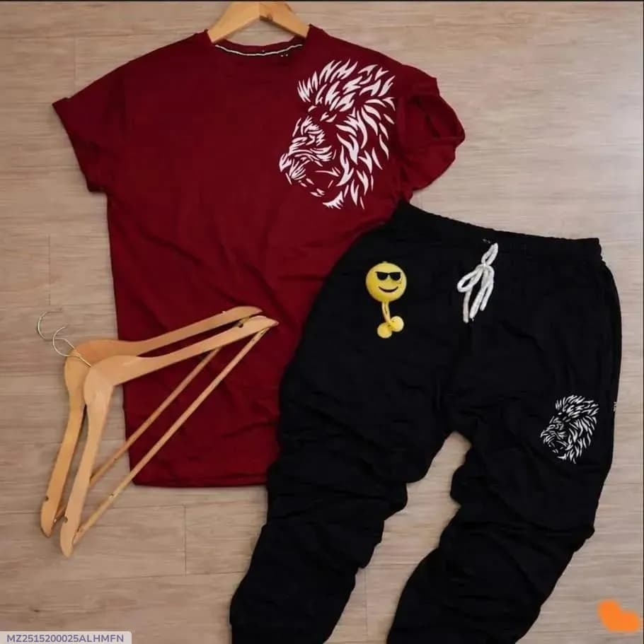 Men Maroon Lion Print Track Suit 2Pcs Polyester