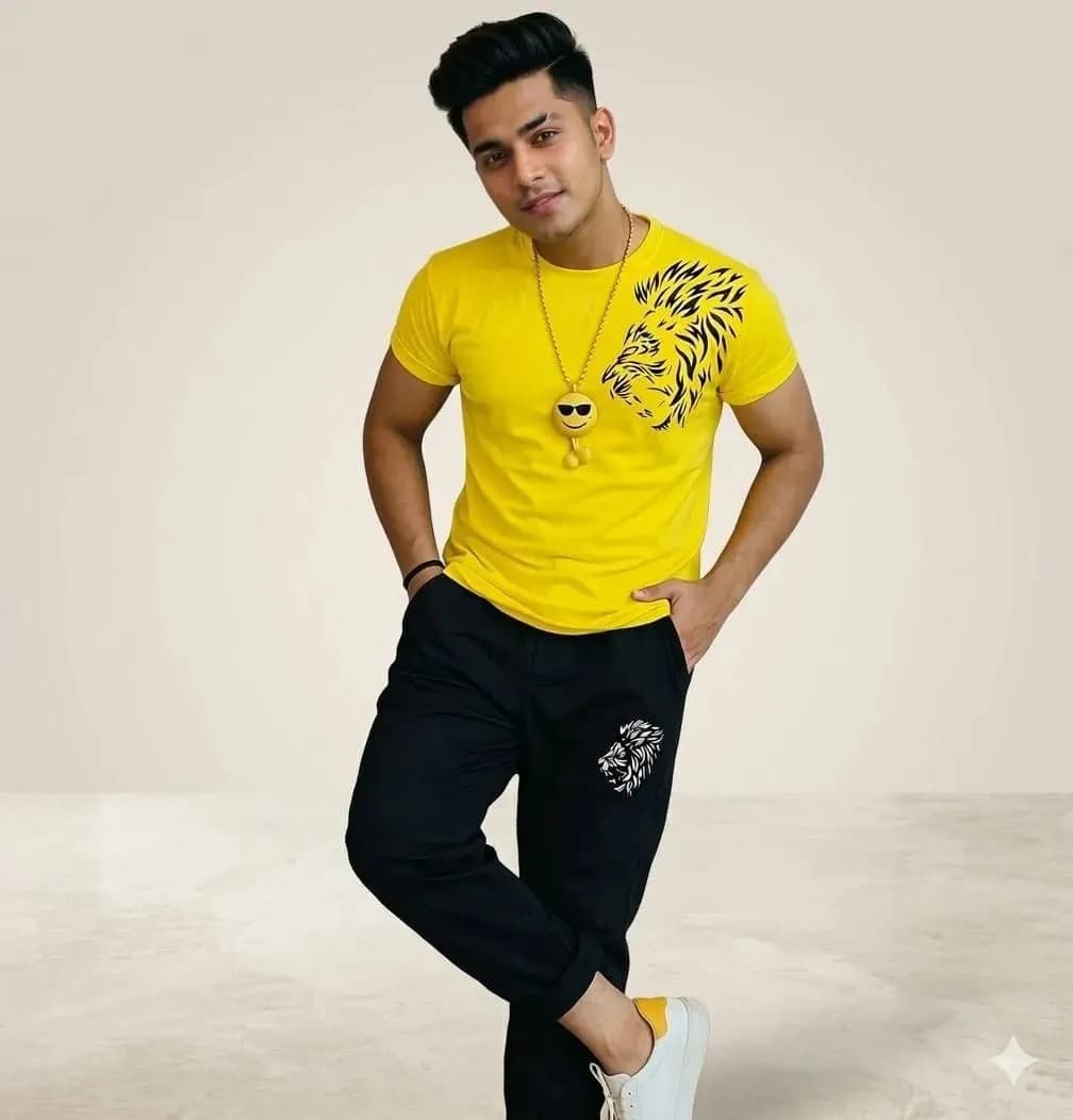 Men Yellow Lion Printed Track Suit 2Pcs Polyester Summer
