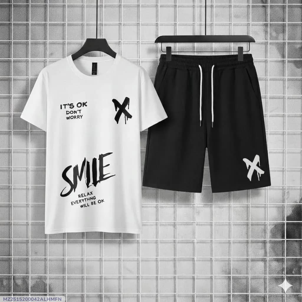 2 Pcs Men's Polyester Printed T-Shirt & Shorts Tracksuit