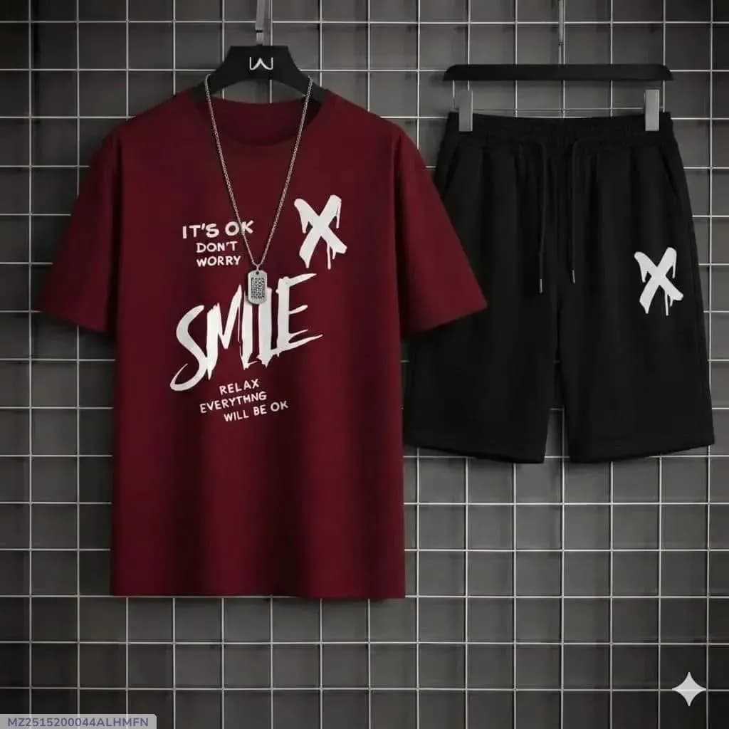 2 Pcs Men's Polyester Printed T-Shirt & Shorts Tracksuit