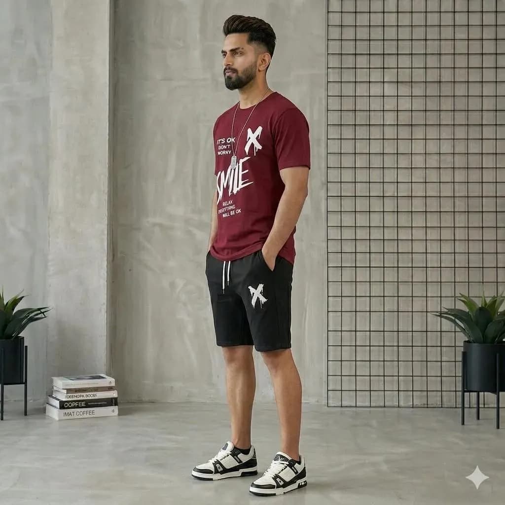 2 Pcs Men's Polyester Printed T-Shirt & Shorts Tracksuit
