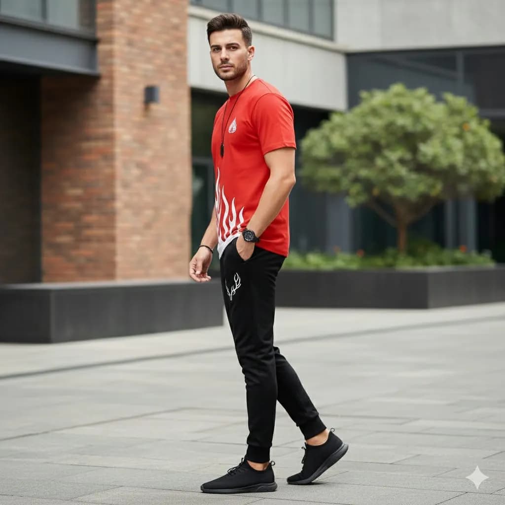 Men Red Flame Print Track Suit 2Pcs XL