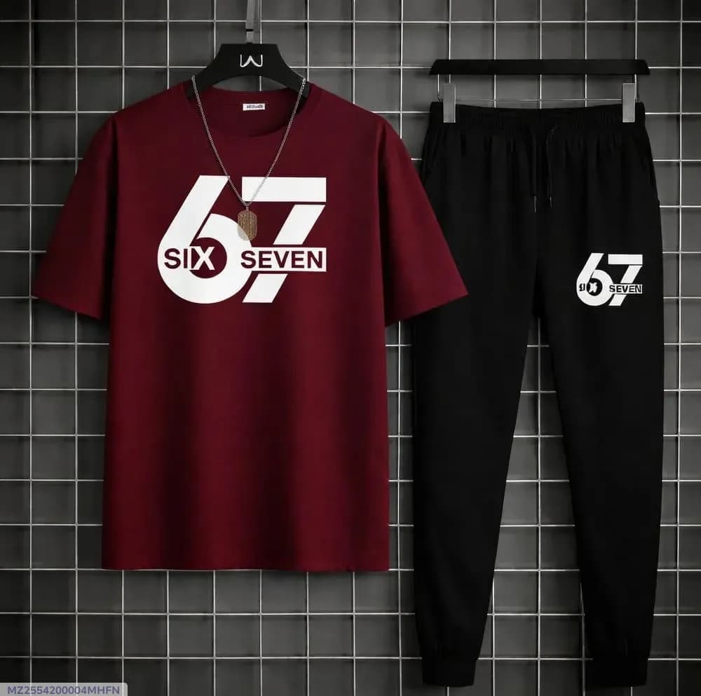 Men Maroon Printed 2Pcs Track Suit Summer
