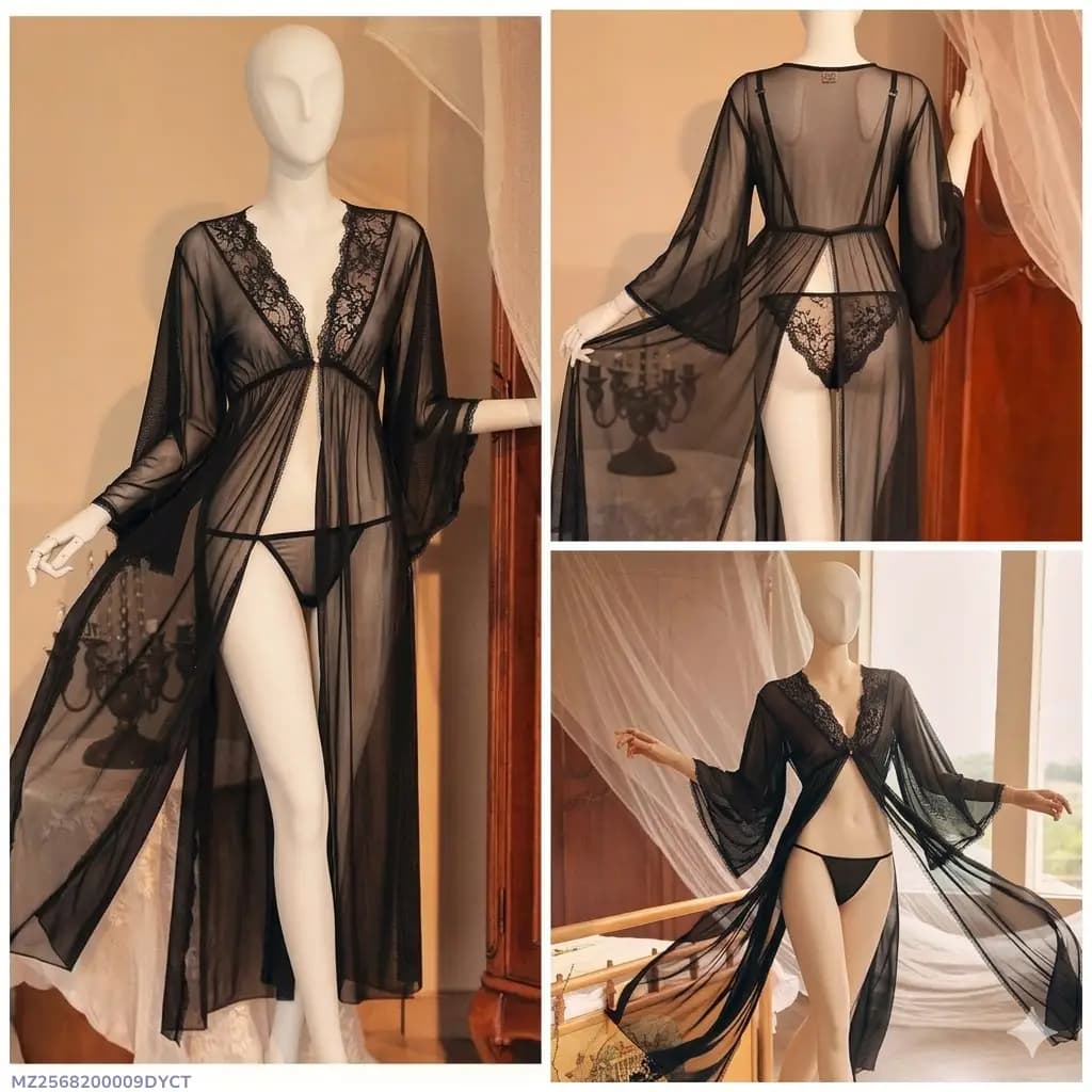 2 Pcs Women's Stitched Net Lace-Work Night Suit / Long Imported Nighty with Panty