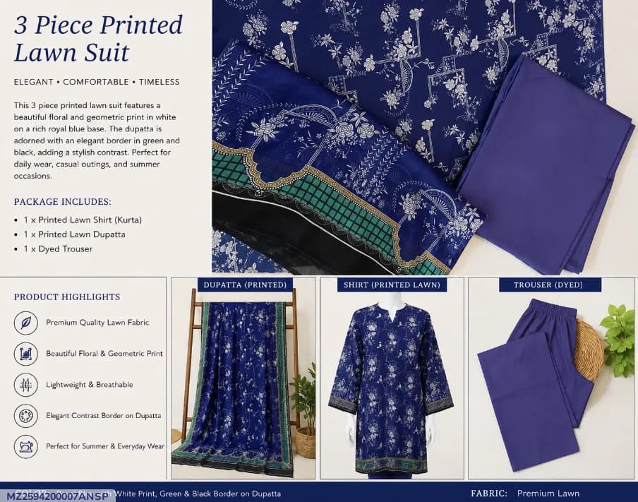 Elegant Navy Blue Printed 3-Piece Lawn Suit with Matching Dupatta