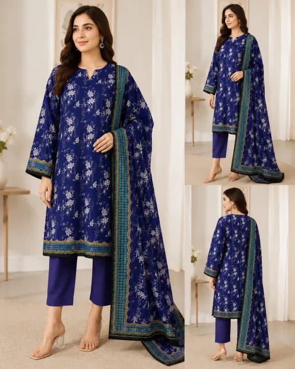 Elegant Navy Blue Printed 3-Piece Lawn Suit with Matching Dupatta