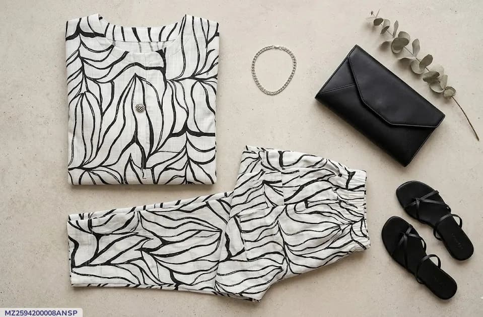 2 Pcs Women's Unstitched Digital Print Suit Monochrome Leaf Print