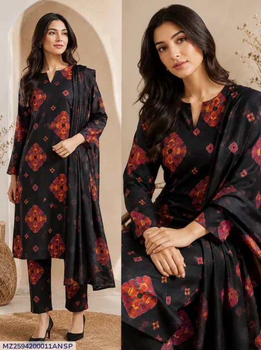 2 Pcs Women's Unstitched Printed Suit Black Printed 2 Piece Suit