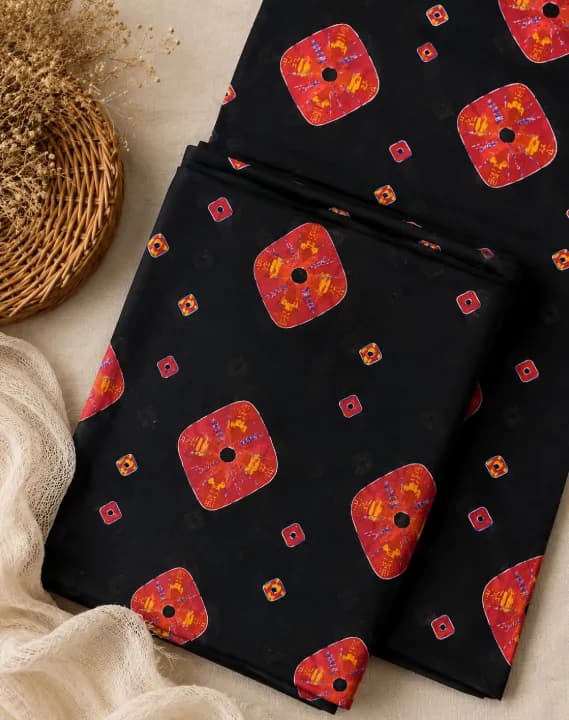 2 Pcs Women's Unstitched Printed Suit Black Printed 2 Piece Suit