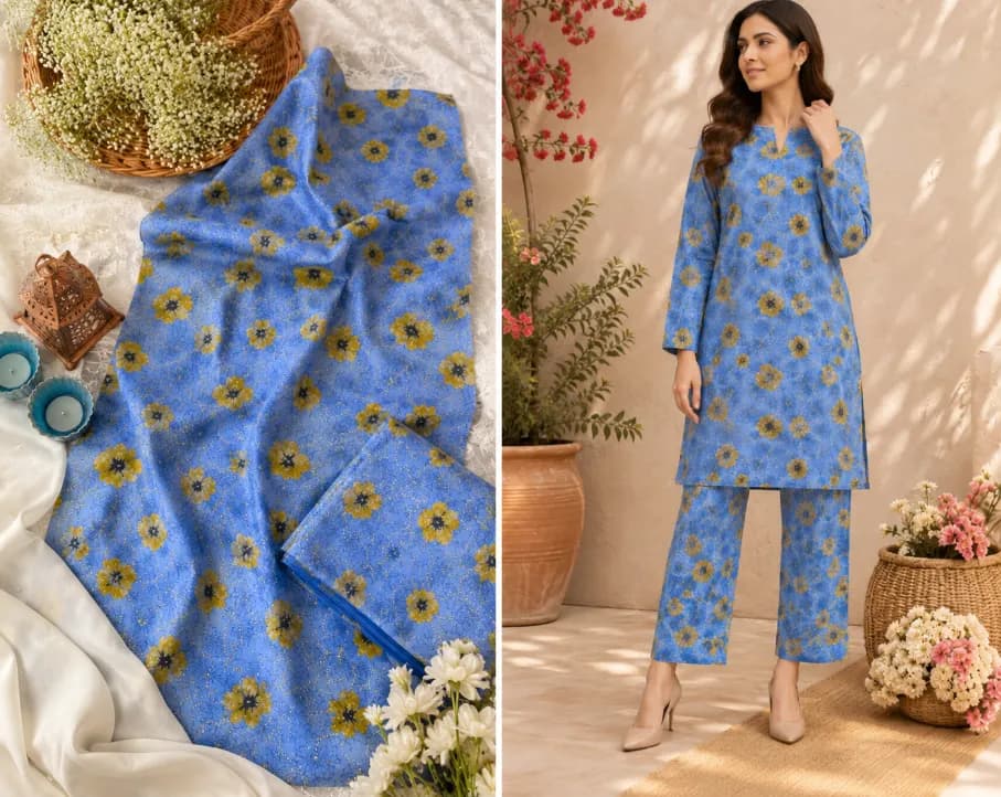 2 Pcs Women's Unstitched Digital Print Suit Sky Blue & Yellow