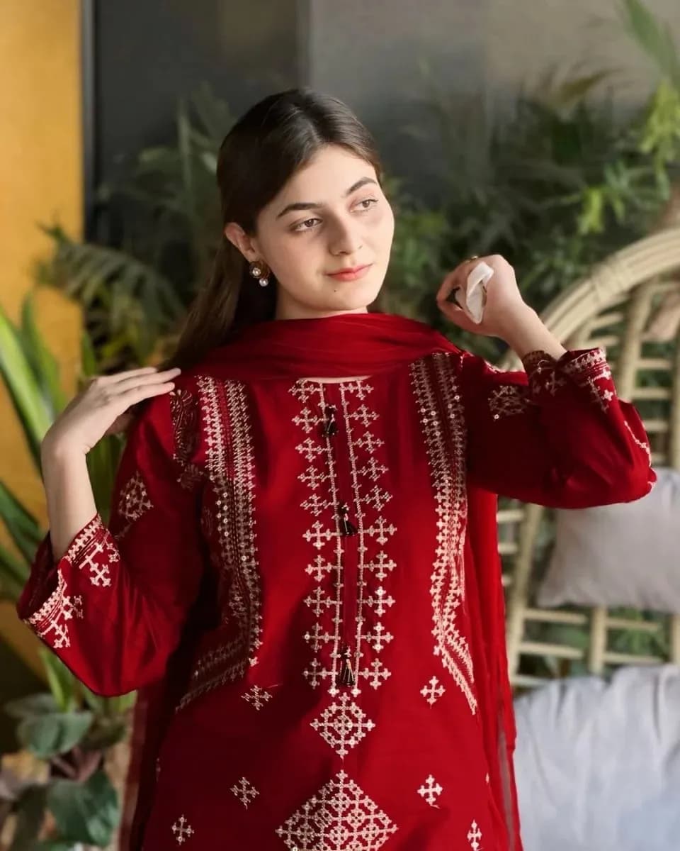 3 Pcs Women's Stitched Cotton Embroidered Suit