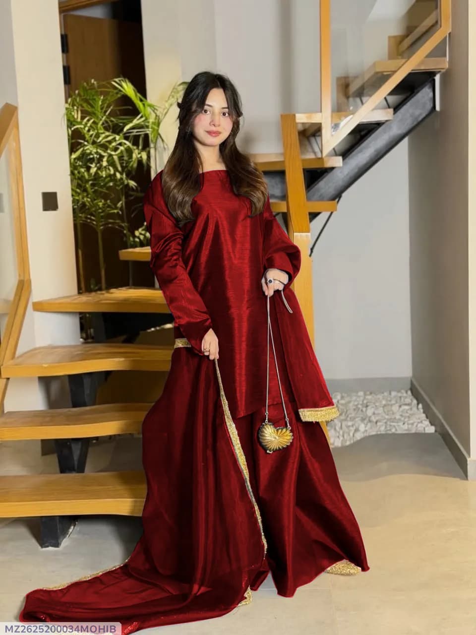 3 Pcs Women's Stitched Silk Lace Work Suit