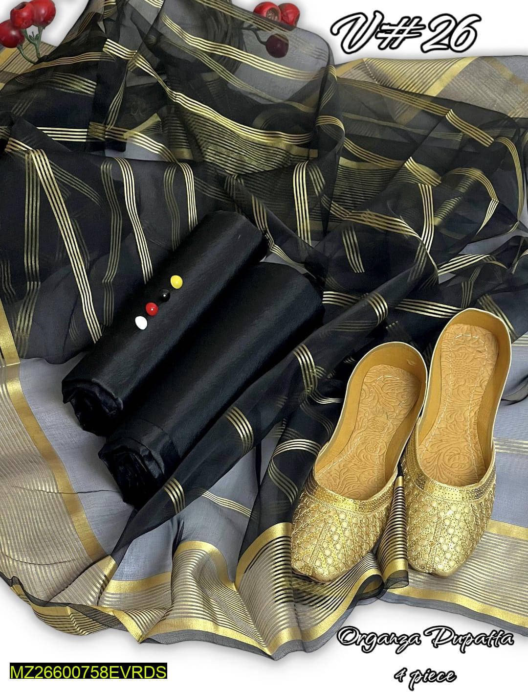 3-Piece Kataan Silk Suit with Organza Dupatta & Khussas