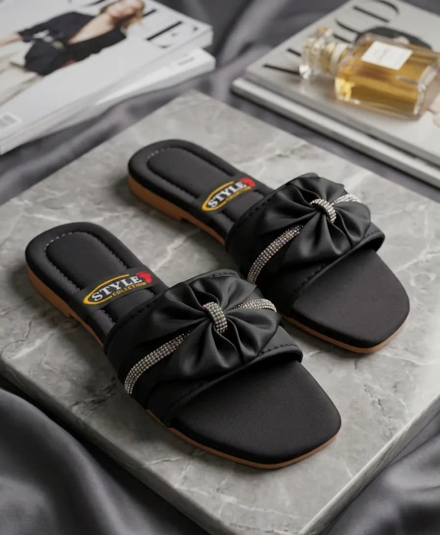 Black Rhinestone Bow Flat Sandals for Women