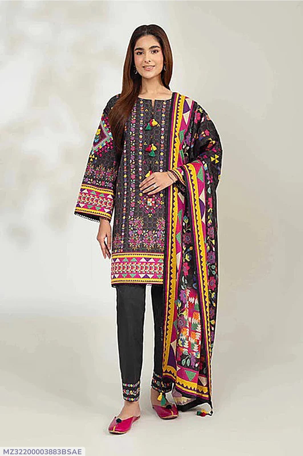 Printed Dobby Lawn 3Pcs Black Kurta Set