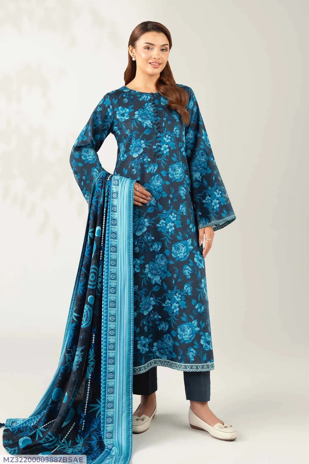 Blue Printed Dobby Lawn 3Pcs Shirt Dupatta Set