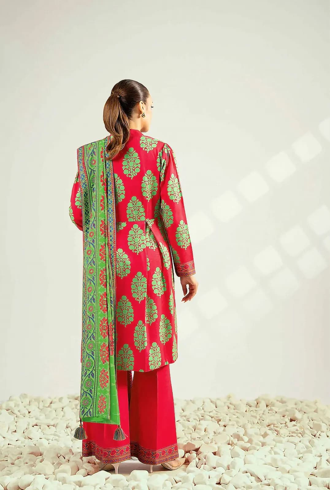Red Printed 3-Piece Dobby Lawn Suit for Women