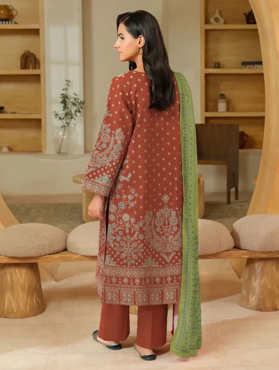 Brown Printed 3-Piece Dobby Lawn Suit Set