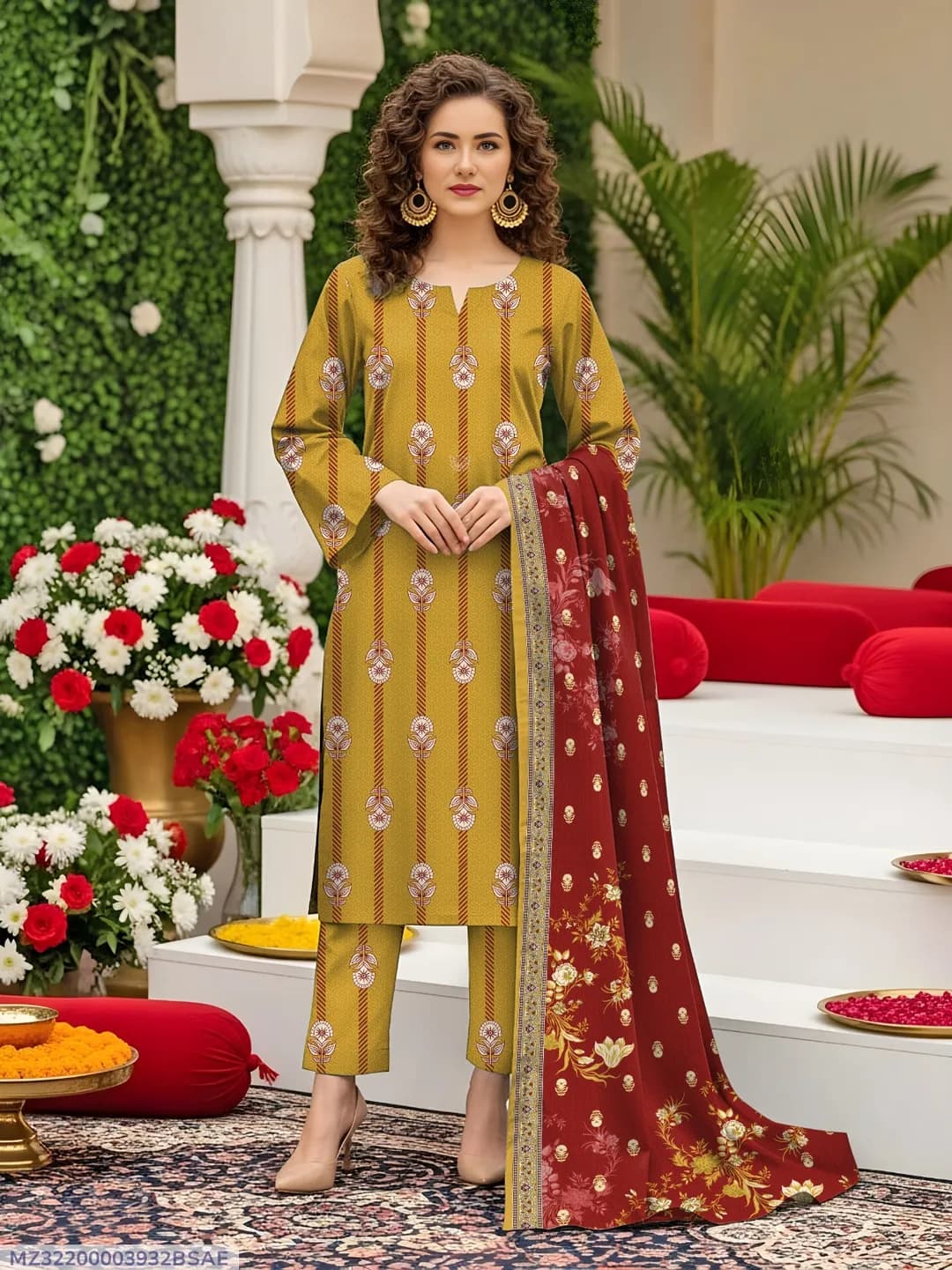 Golden Printed 3 Pcs Women's Lawn Suit