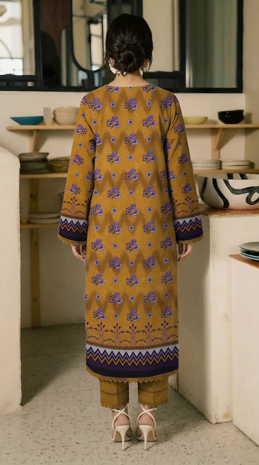 Women's Embroidered Lawn Suit Golden 2 Pcs Bakra Eid Party Wear