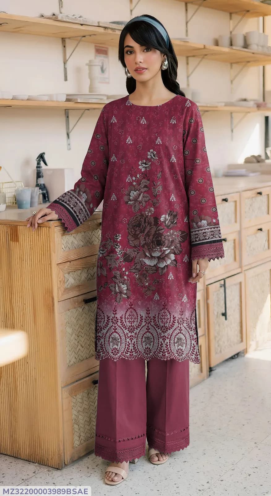 Women's Embroidered Lawn Suit Red 2 Pcs Bakra Eid Party Wear