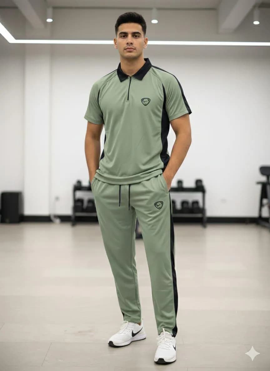 Men's Dri Fit Green Zipper Track Suit 2Pcs