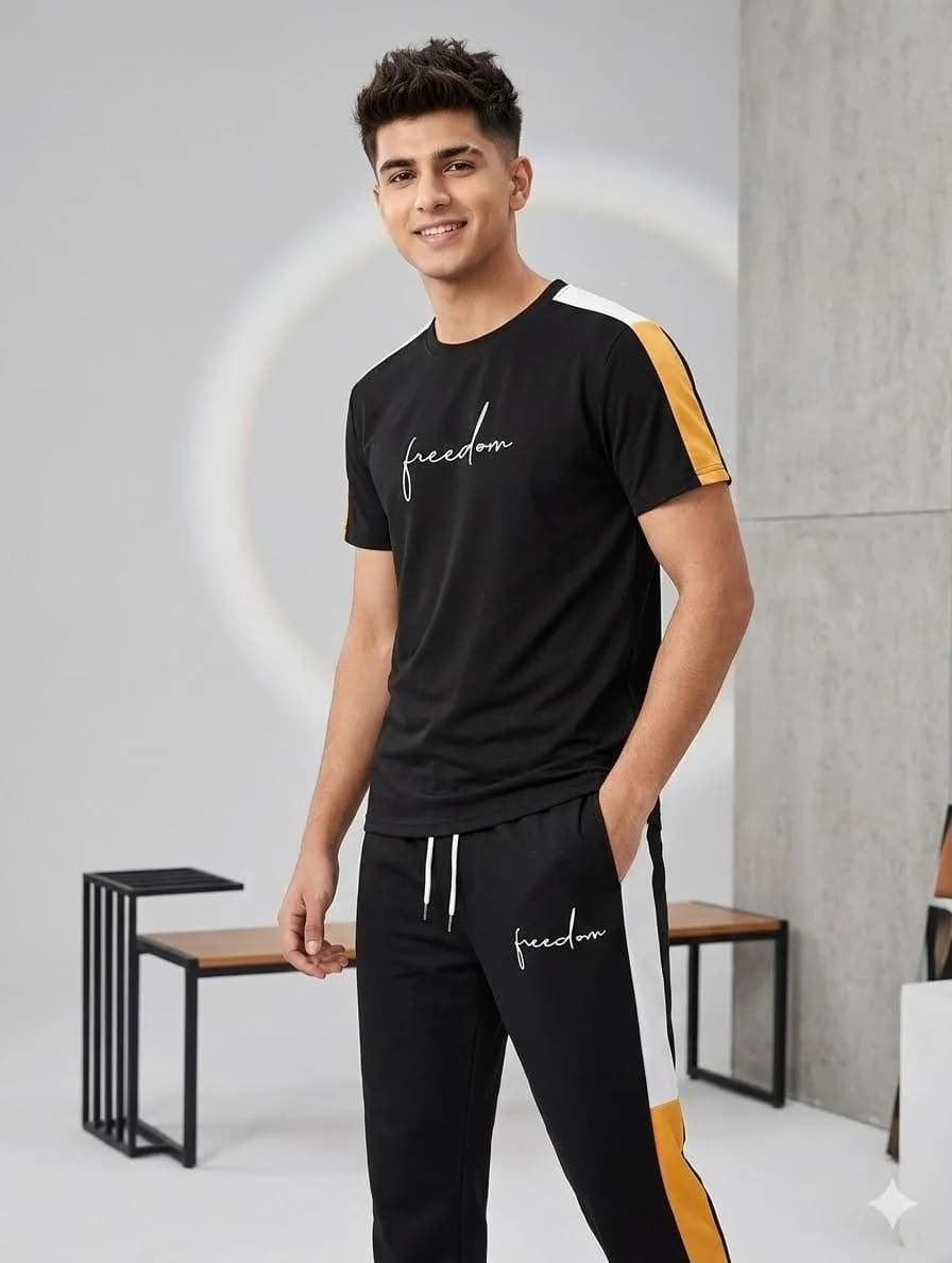 Men Black Sweatpants Track Suit with Yellow Stripes