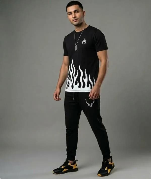Men Flame Graphic Track Suit Black Sweatpants Set