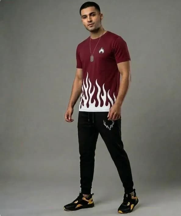 Men Maroon Flame Track Suit 2Pcs Dri Fit
