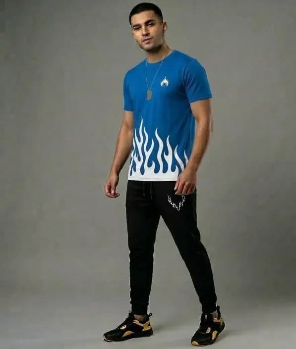 Men Flame Graphic T-Shirt Blue Black Pants Set
