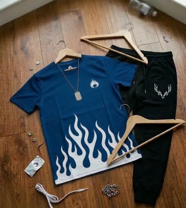 Men Flame Graphic T-Shirt Blue Black Pants Set