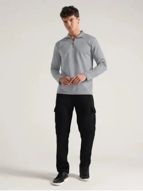 Men's Light Grey Polo Shirt & Black Cargo Trousers Set