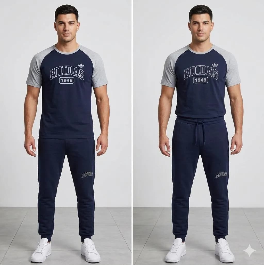 Men's Dark Blue Adidas Track Suit Set with Graphic Print