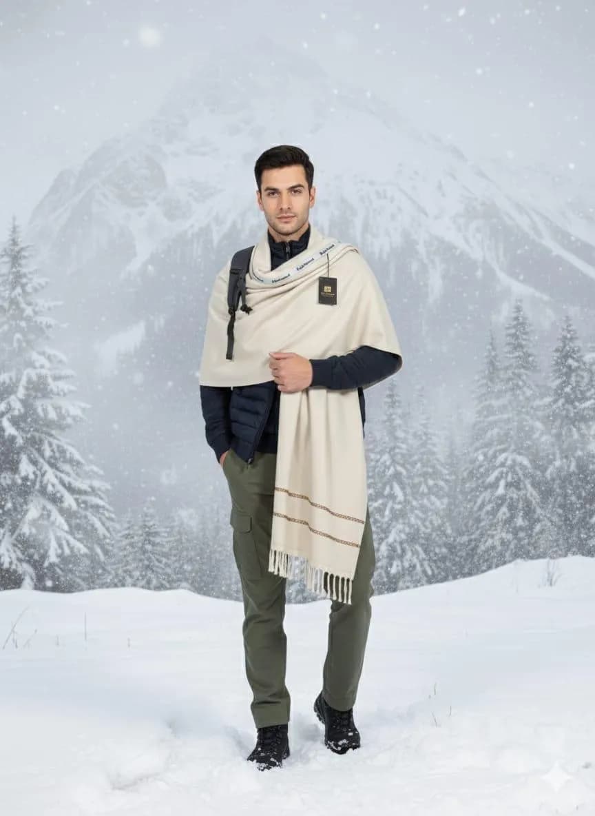 Men Wool Plain Shawl Off White Winter Wedding