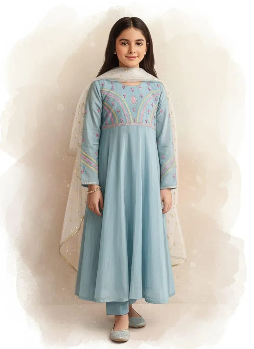 Turquoise Embroidered Lawn 3-Piece Suit for Girls 1-10