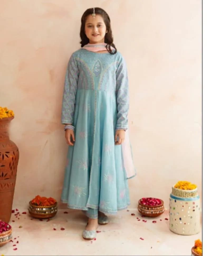 Turquoise Embroidered Lawn 3-Piece Suit for Girls 1-10