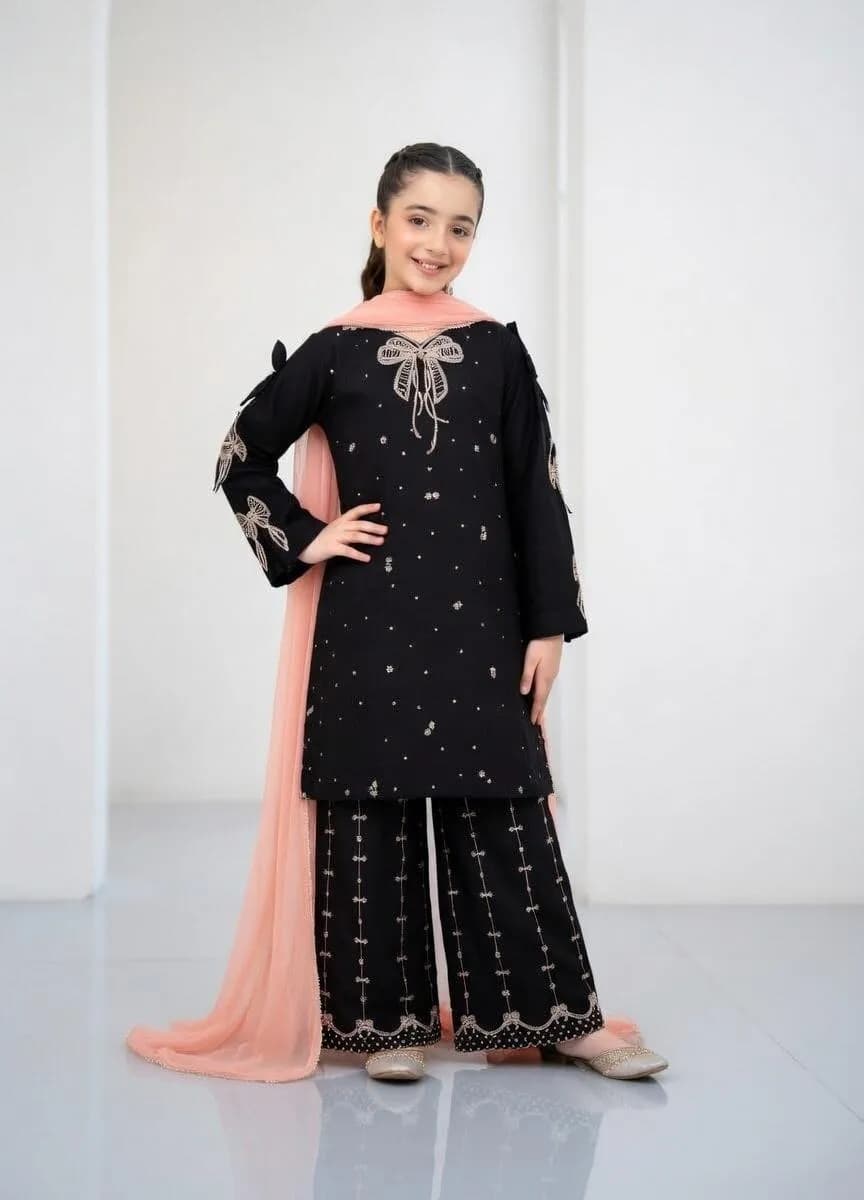 Black Embroidered 3Pcs Lawn Set for Girls 3-4Yrs