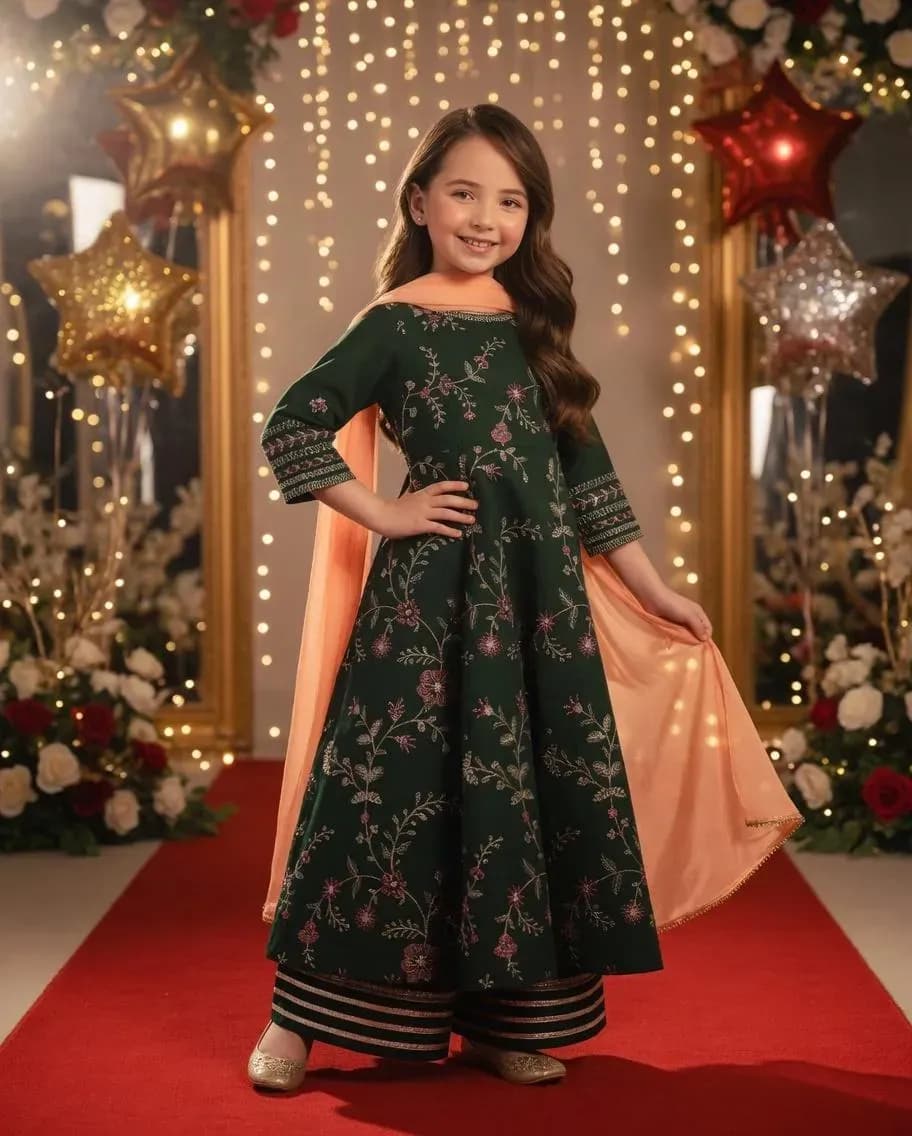 Green Embroidered Lawn 3Pcs Set for Girls 3-10Yrs