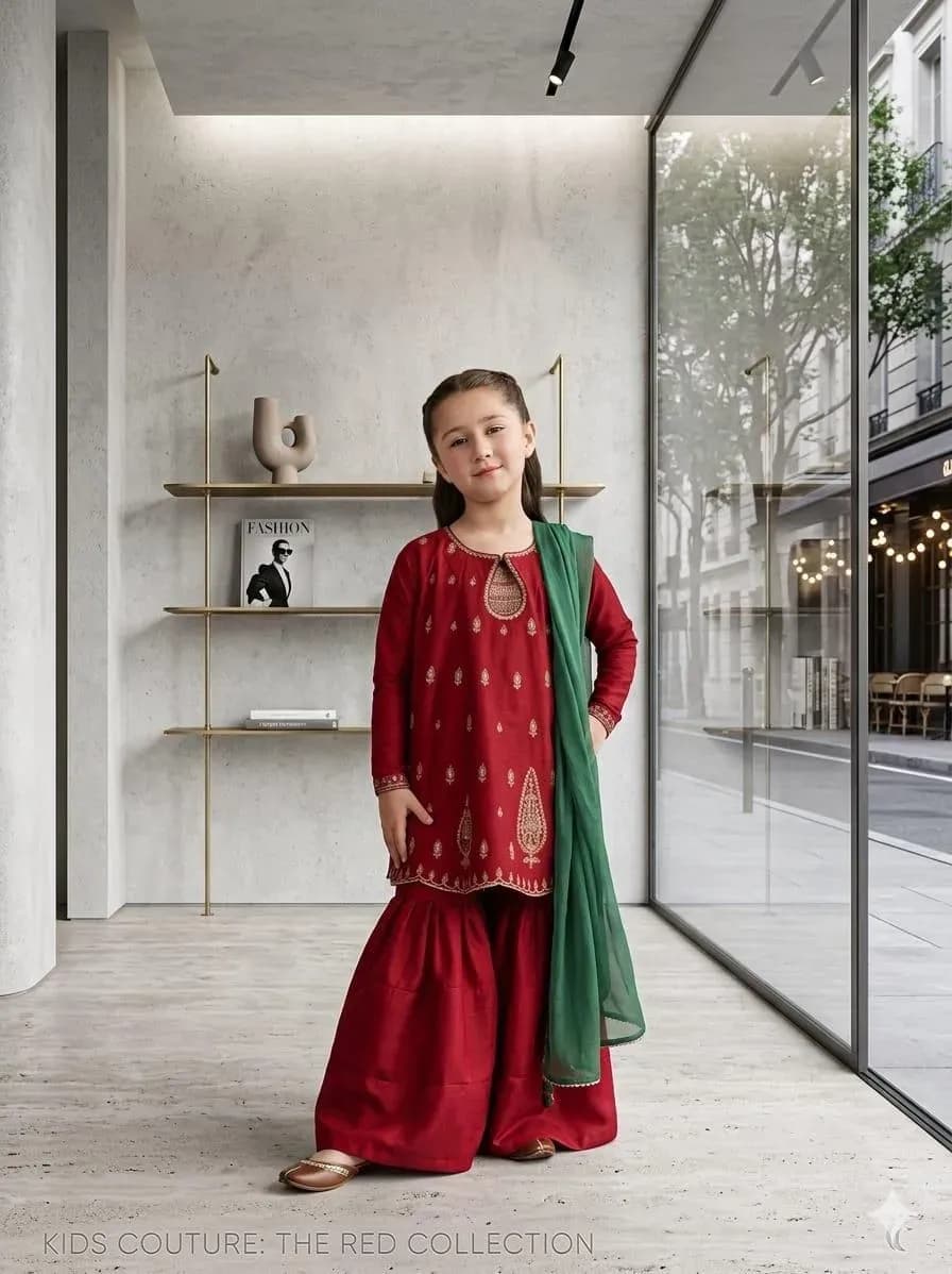 Red Embroidered 3-Piece Lawn Suit Set for Girls 3-4Yrs