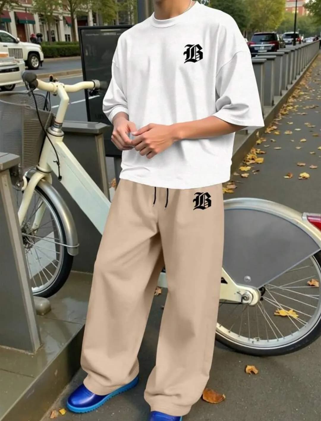 New Style Tracksuit White Beige Drop Shoulder T-Shirt Baggy Trouser Set