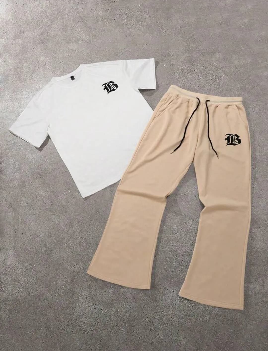 New Style Tracksuit White Beige Drop Shoulder T-Shirt Baggy Trouser Set