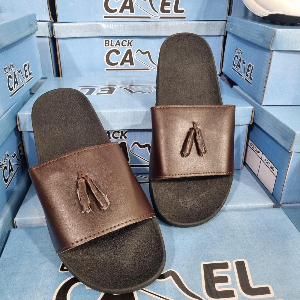 Black Camel Slide Sandals with Tassel Design Brown