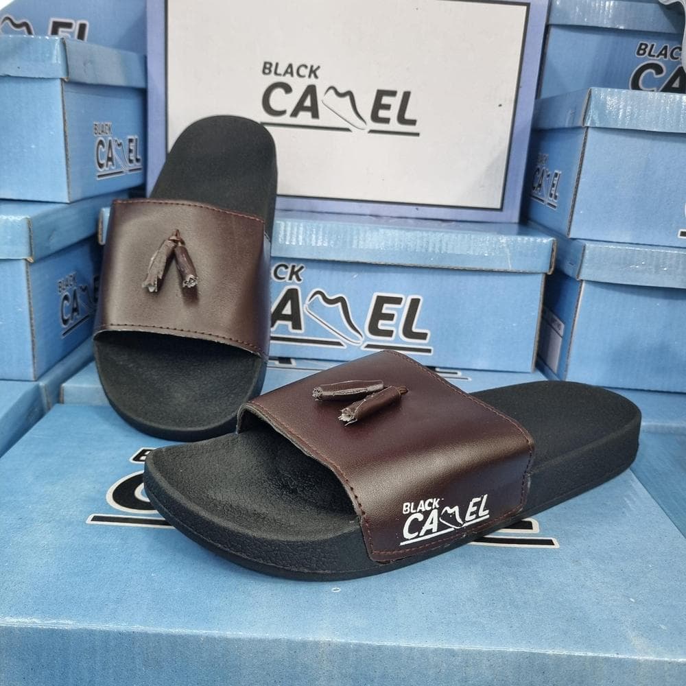 Black Camel Slide Sandals with Tassel Design Brown
