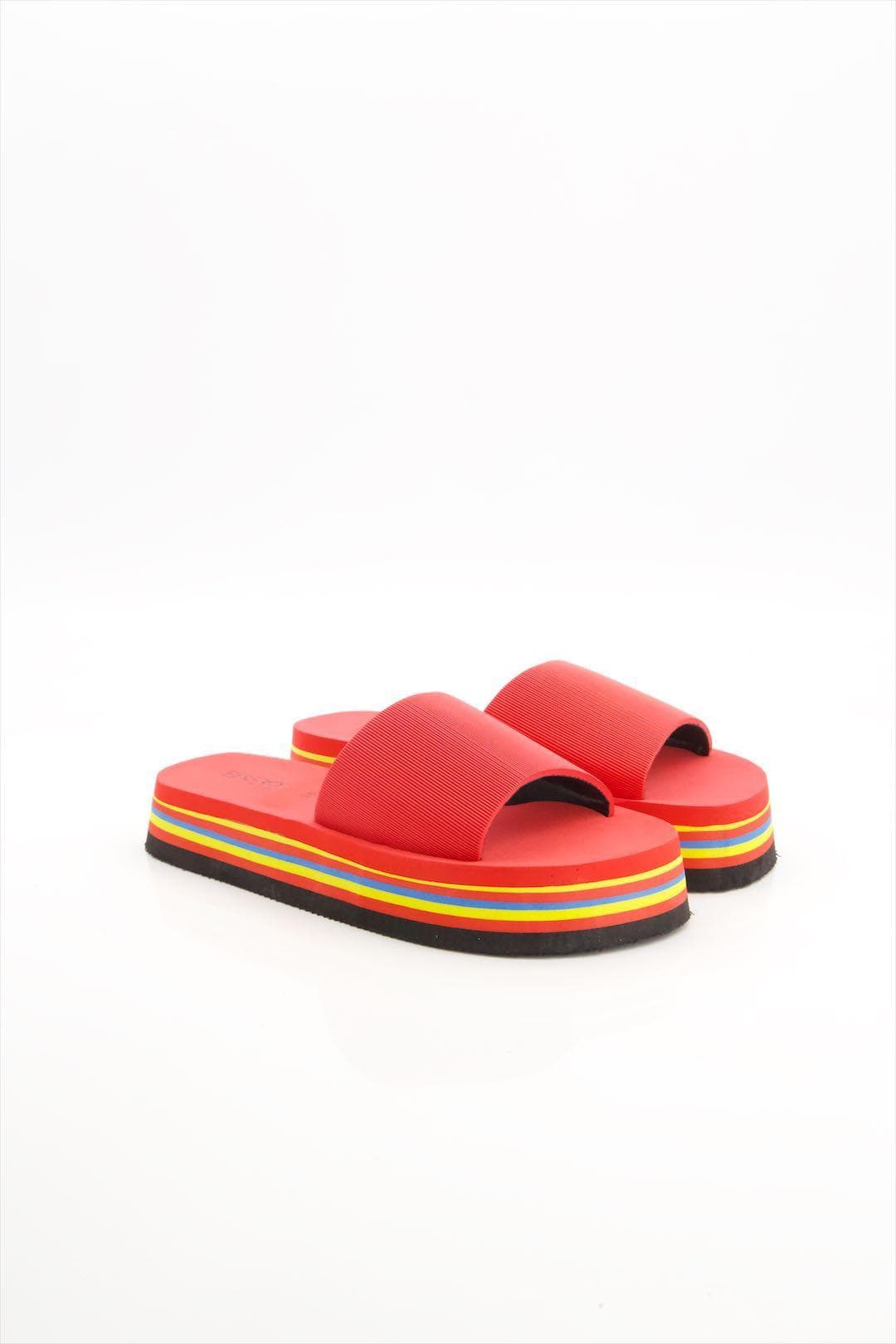 Red Textured Slide Sandals for Women with Platform Sole