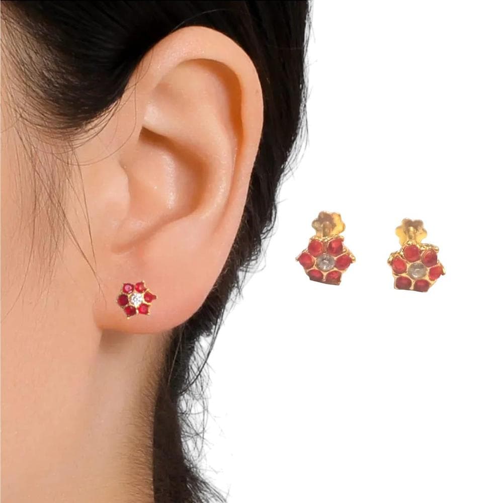 Gold Plated Red Zircon Flower Stud Earrings 8mm