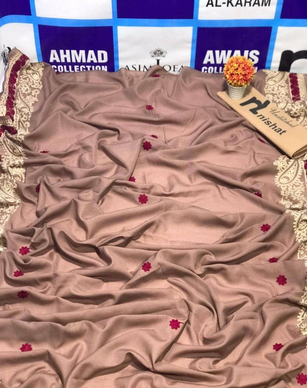 Swiss Lawn Shawl Beige Floral Embroidery Winter Formal Wear