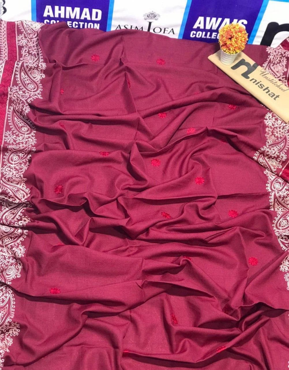 Maroon Swiss Lawn Shawl with White Paisley Border