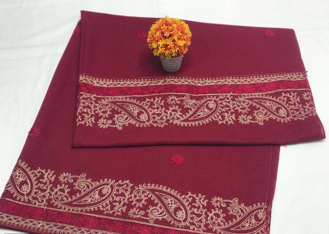 Maroon Swiss Lawn Shawl with Embroidered Border for Women