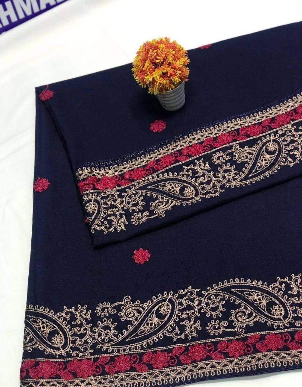 Swiss Embroidered Shawl Blue Red Gold Paisley 2.5 Gazz